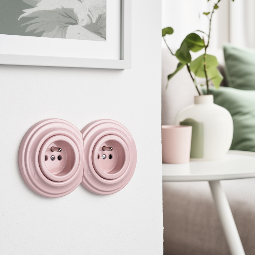 Kliklap - Double retro wall socket with frame 230V antique pink