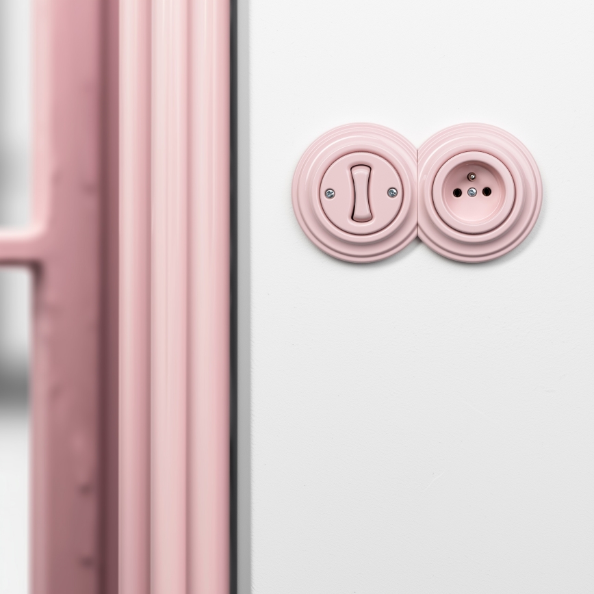Kliklap – Retro single-pole switch No. 1 and 230V socket with frame, vintage pink