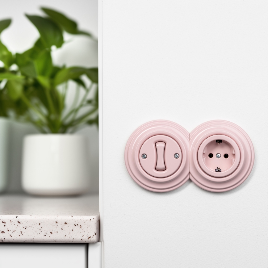 Kliklap - Retro single-pole switch No. 1 and Schuko 230V socket with frame, antique pink