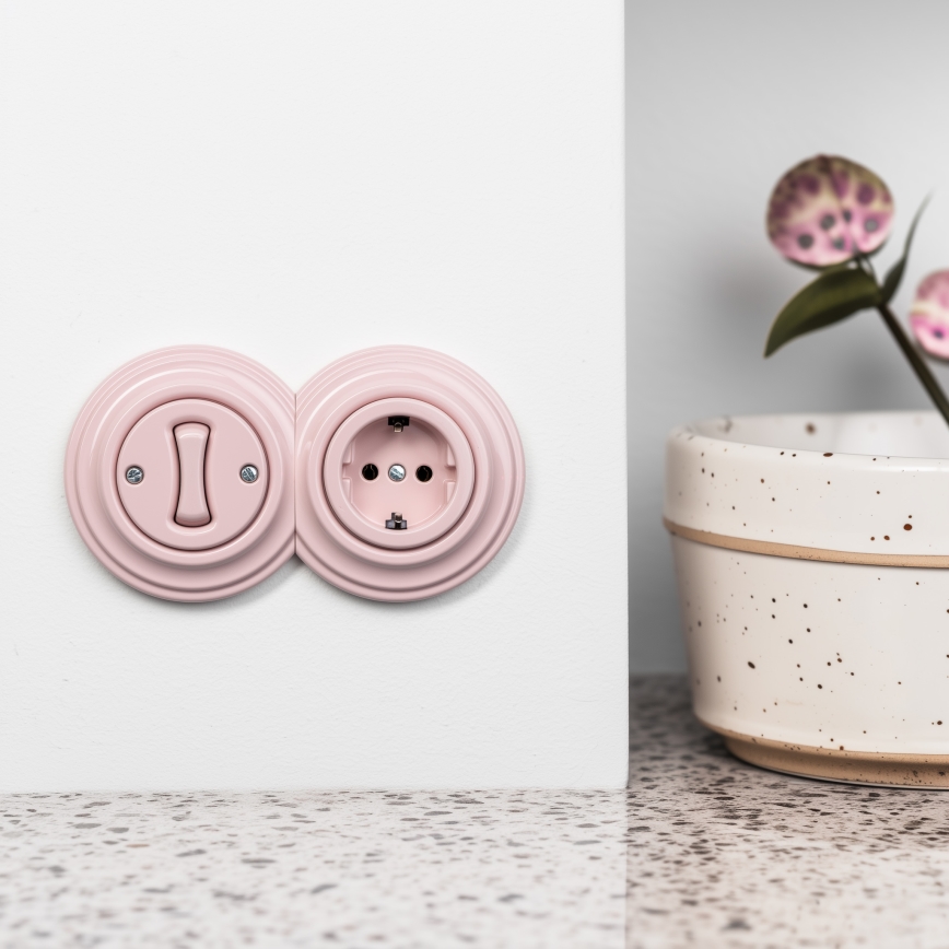 Kliklap - Retro single-pole switch No. 1 and Schuko 230V socket with frame, antique pink