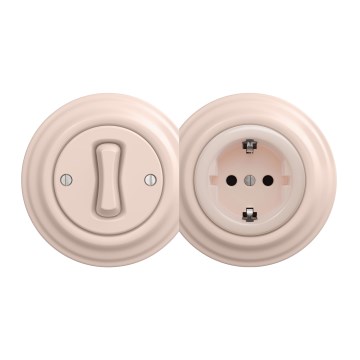 Kliklap - Retro single-pole switch No. 1 and Schuko 230V socket with frame, antique pink