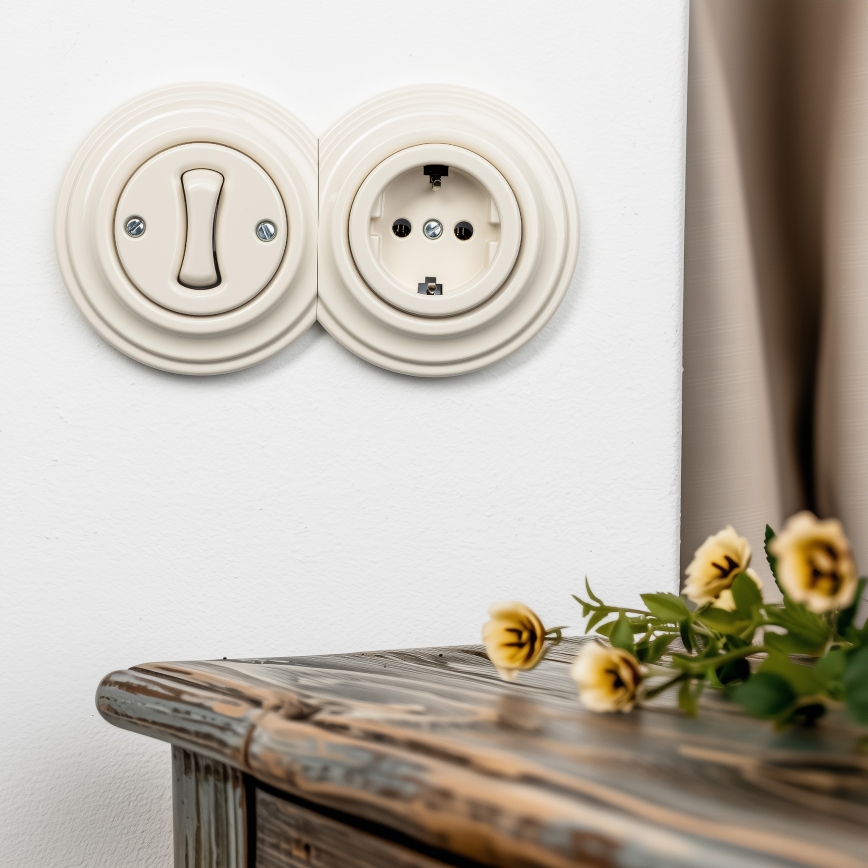 Kliklap - Retro single-pole switch No. 1 and SCHUKO 230V socket with frame, beige