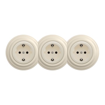 Kliklap - Triple retro wall socket with frame, SCHUKO 230V, Beige
