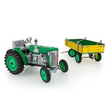 KOVAP Wind-up Tractor with Flatbed, Green/Yellow