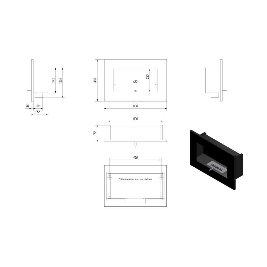 Kratki - Built-in BIO fireplace 40x60 cm 2kW black