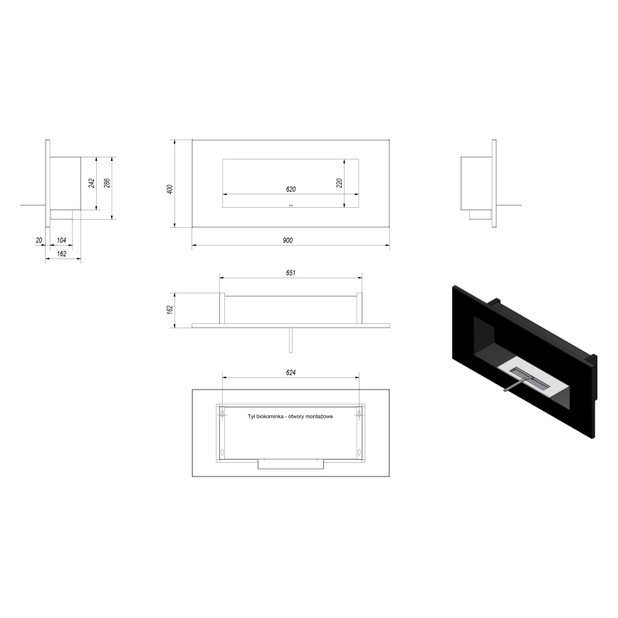 Kratki - Built-in BIO fireplace 40x90 cm 2kW black