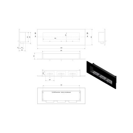 Kratki - Built-in BIO fireplace 40x120 cm 3x1,1kW black
