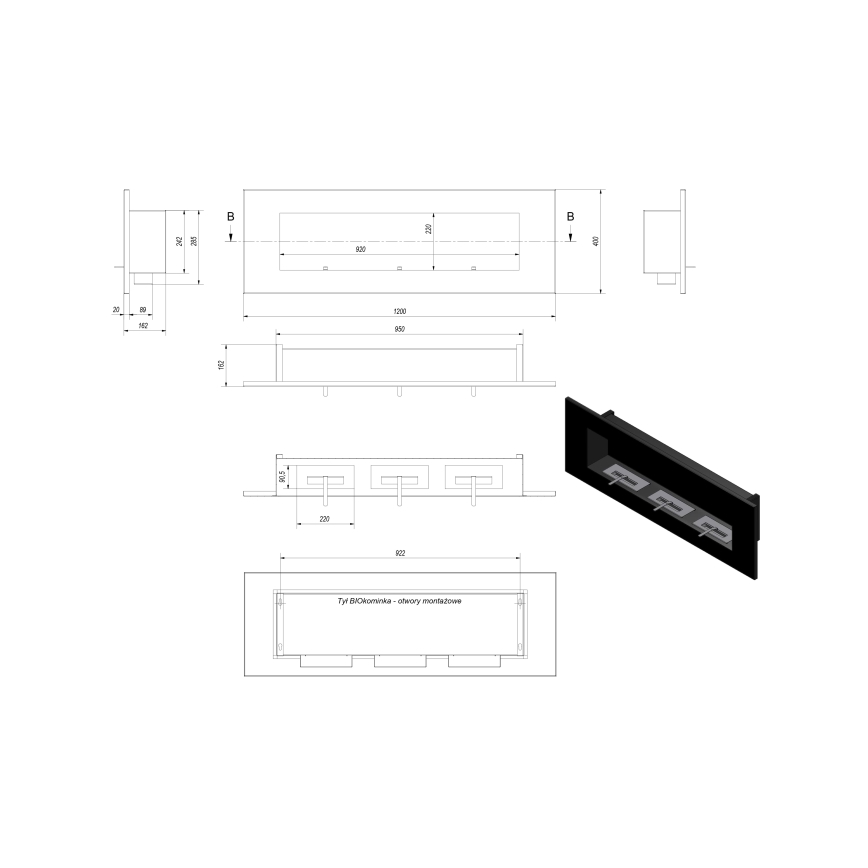 Kratki - Built-in BIO fireplace 40x120 cm 3x1,1kW black