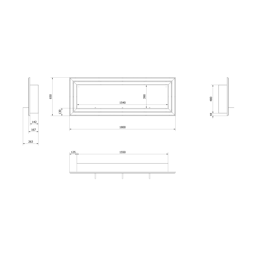 Kratki - Built-in BIO fireplace 65x180 cm 3x2,5kW shiny chrome