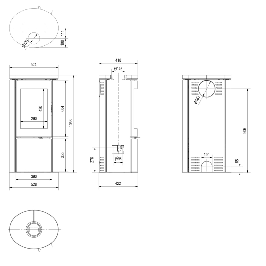 Kratki - Steel fireplace 8kW 150mm