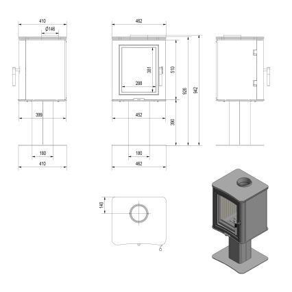 Kratki - Steel fireplace 7kW 150mm