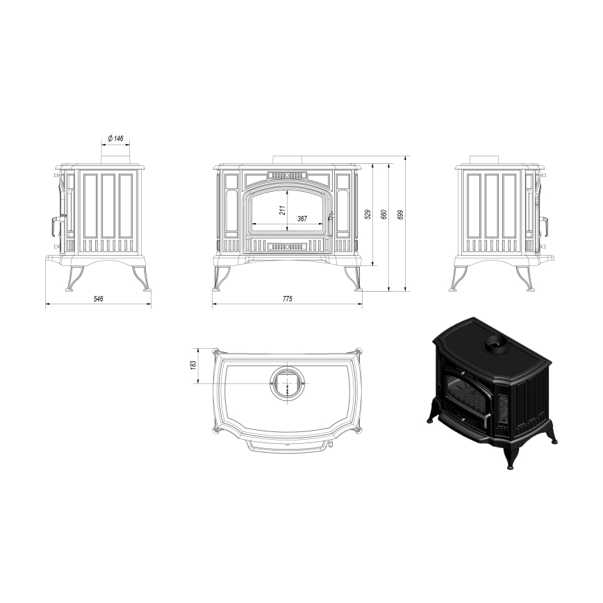 Kratki - Cast-iron fireplace 10kW 150mm