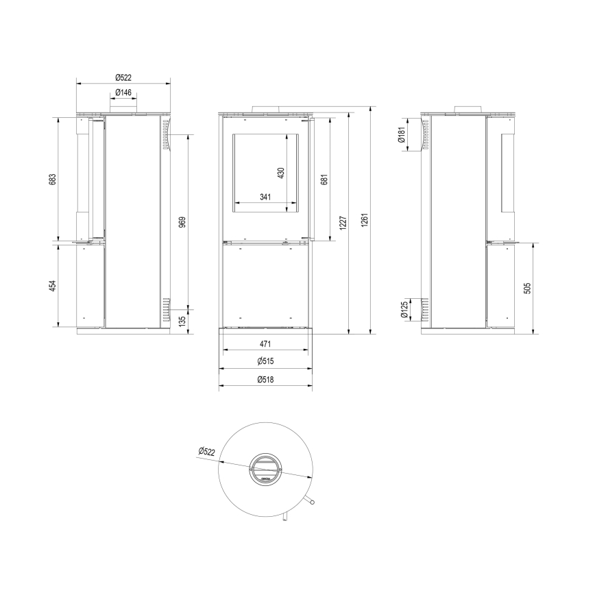 Kratki - Steel fireplace 9kW 150mm