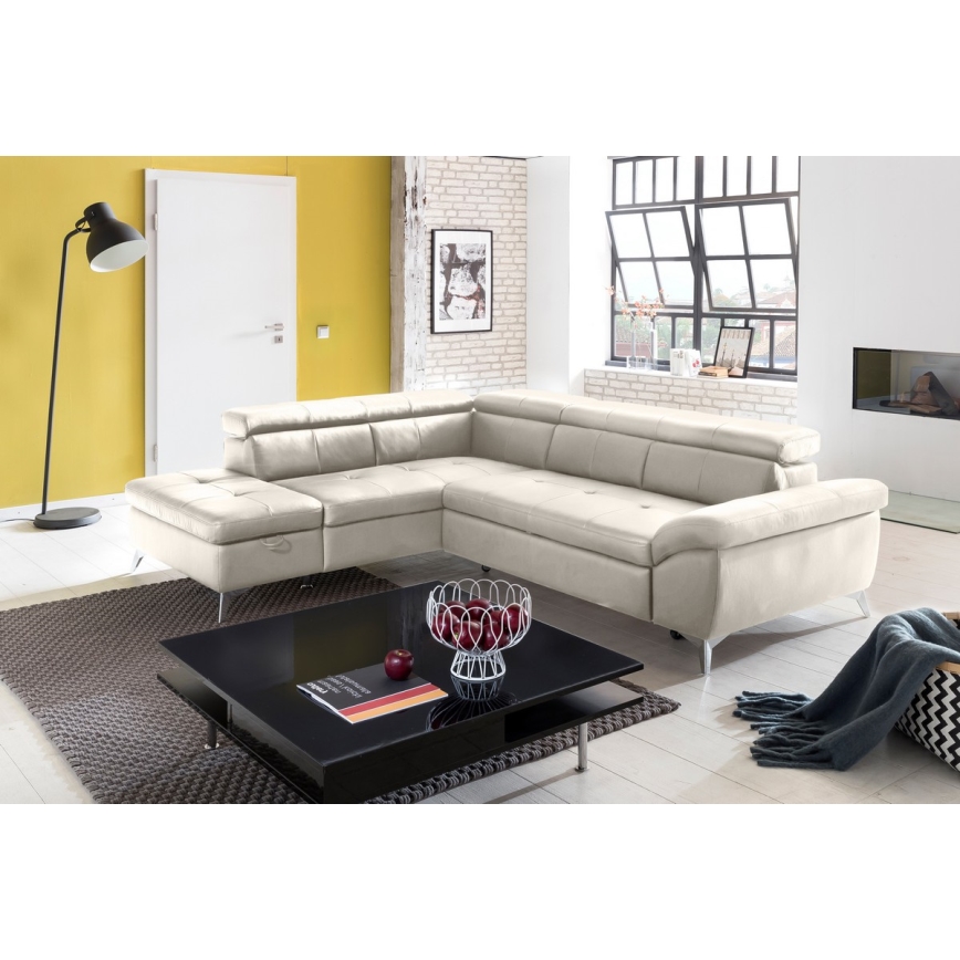 L-shaped folding corner leather lounge suite SALERNO II left beige