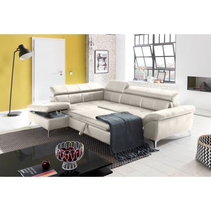 L-shaped folding corner leather lounge suite SALERNO II left beige