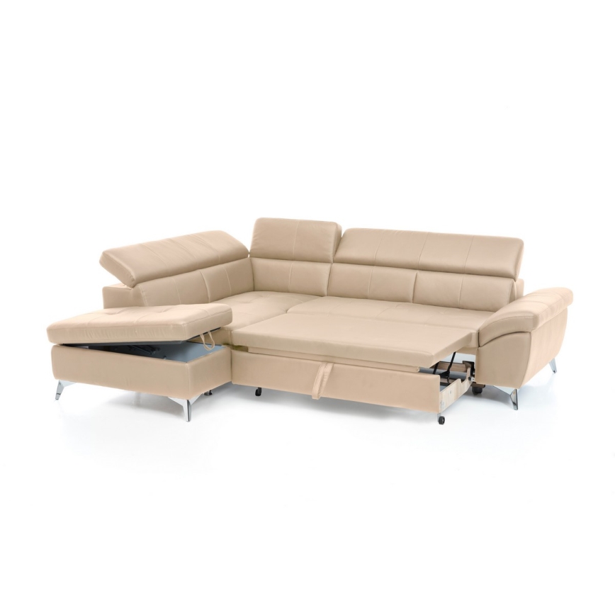 L-shaped folding corner leather lounge suite SALERNO II left beige