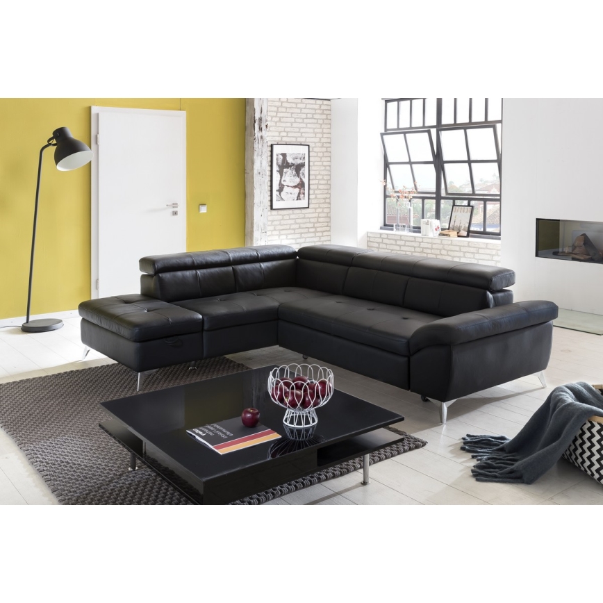 L-shaped folding corner leather lounge suite SALERNO II left black