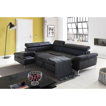 L-shaped folding corner leather lounge suite SALERNO II left black