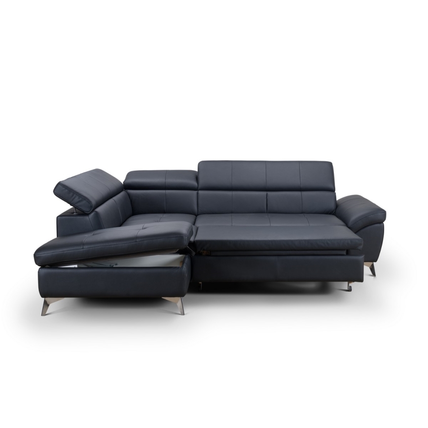 L-shaped folding corner leather lounge suite SALERNO II left black