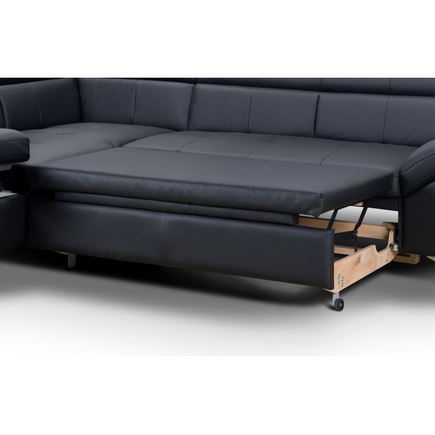 L-shaped folding corner leather lounge suite SALERNO II left black