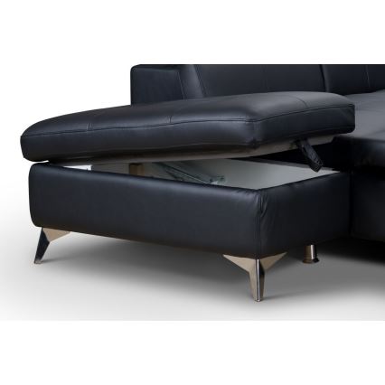 L-shaped folding corner leather lounge suite SALERNO II left black