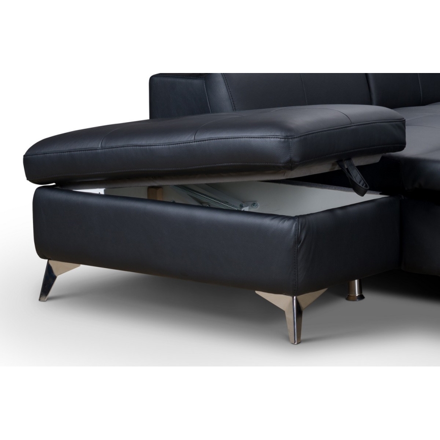 L-shaped folding corner leather lounge suite SALERNO II left black