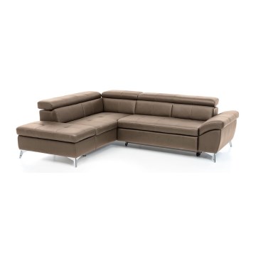 L-shaped folding corner leather lounge suite SALERNO II left brown