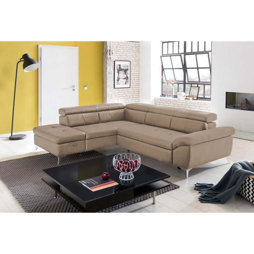 L-shaped folding corner leather lounge suite SALERNO II left brown