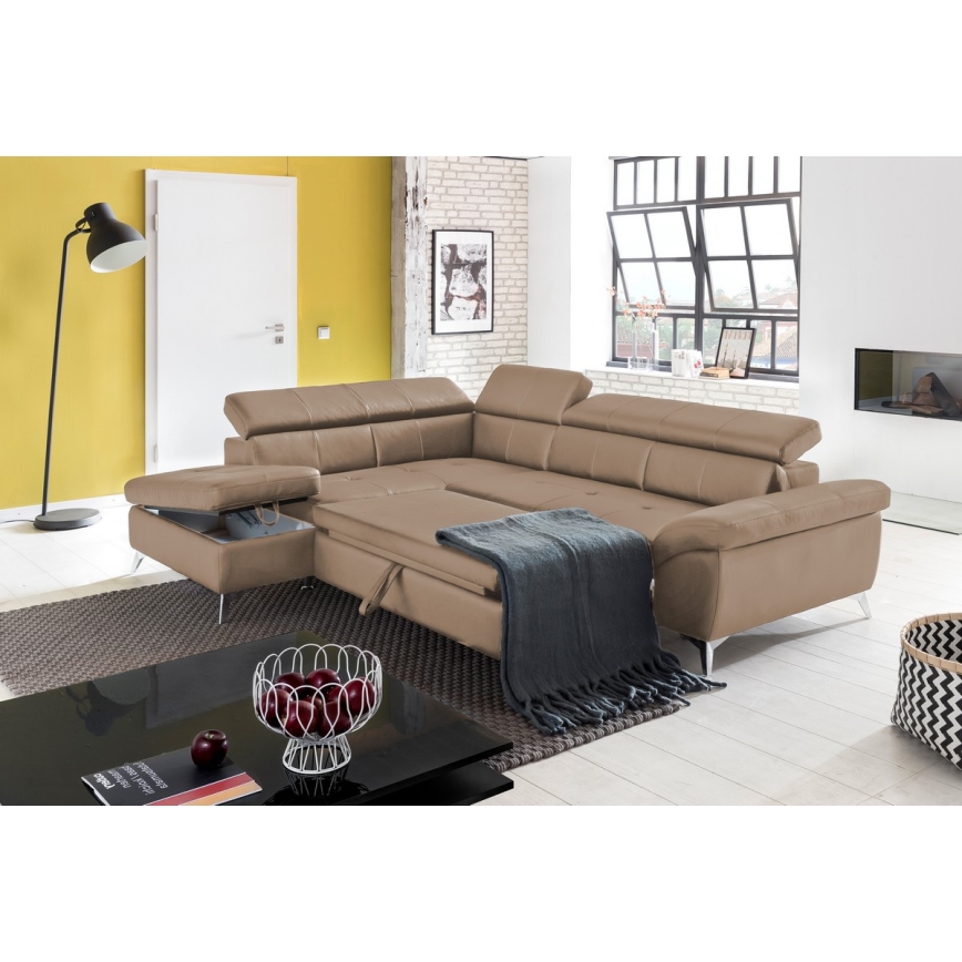 L-shaped folding corner leather lounge suite SALERNO II left brown