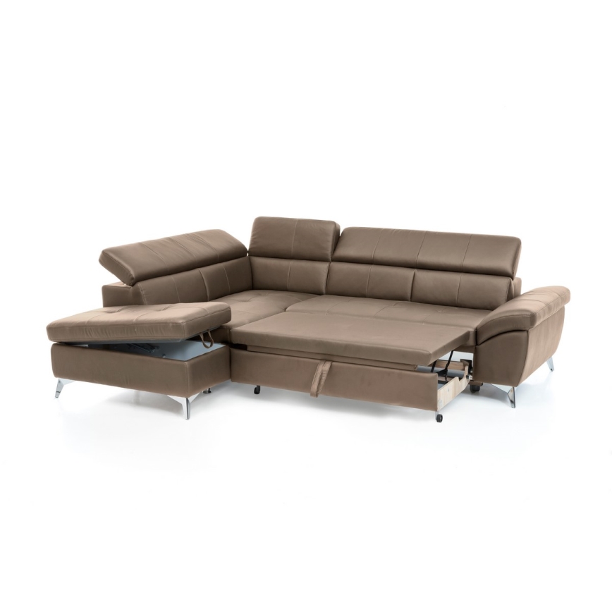 L-shaped folding corner leather lounge suite SALERNO II left brown