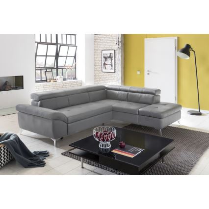 L-shaped folding corner leather lounge suite SALERNO II left grey