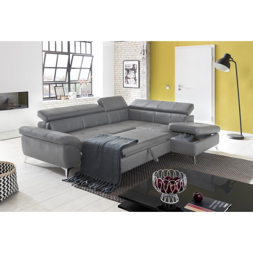 L-shaped folding corner leather lounge suite SALERNO II left grey