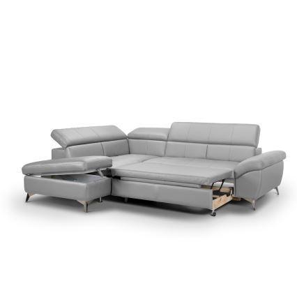 L-shaped folding corner leather lounge suite SALERNO II left grey