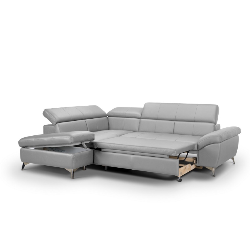 L-shaped folding corner leather lounge suite SALERNO II left grey