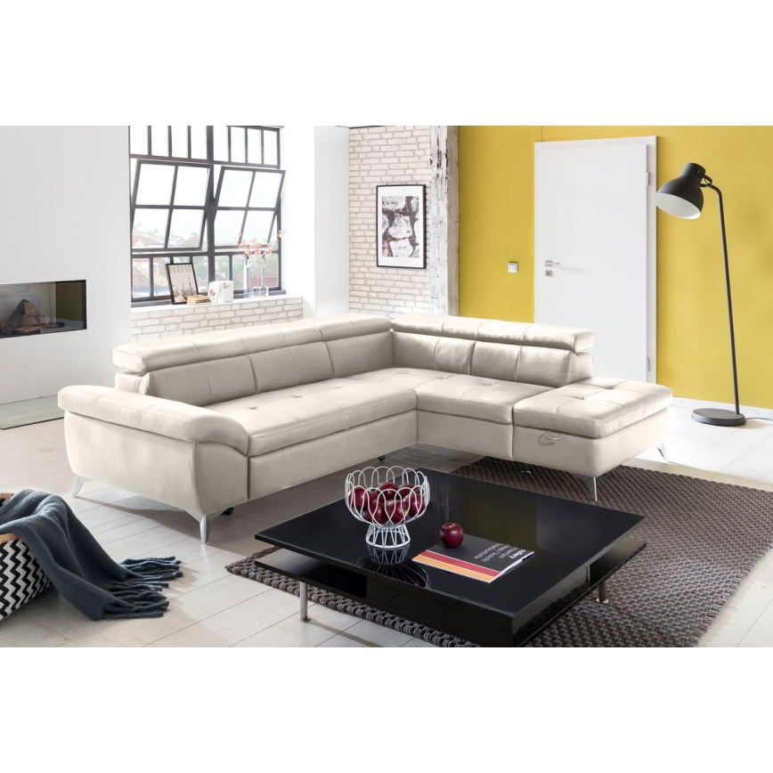 L-shaped folding corner leather lounge suite SALERNO II right beige