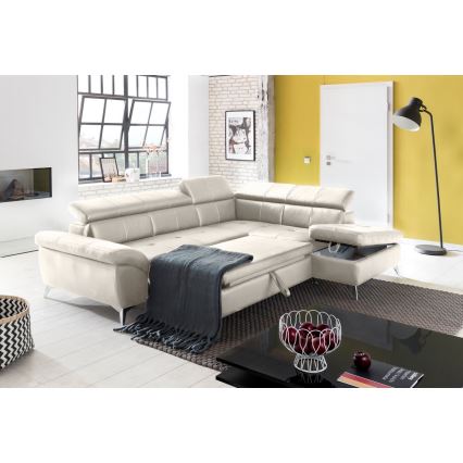 L-shaped folding corner leather lounge suite SALERNO II right beige