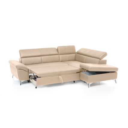 L-shaped folding corner leather lounge suite SALERNO II right beige