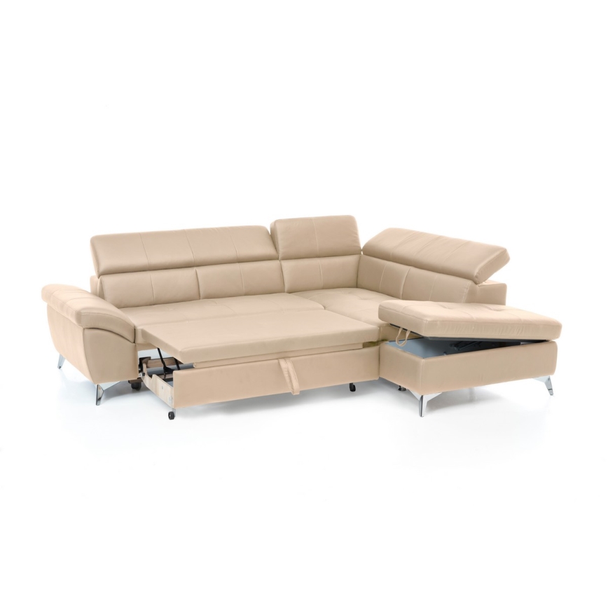 L-shaped folding corner leather lounge suite SALERNO II right beige