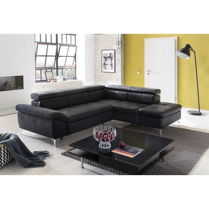 L-shaped folding corner leather lounge suite SALERNO II right black