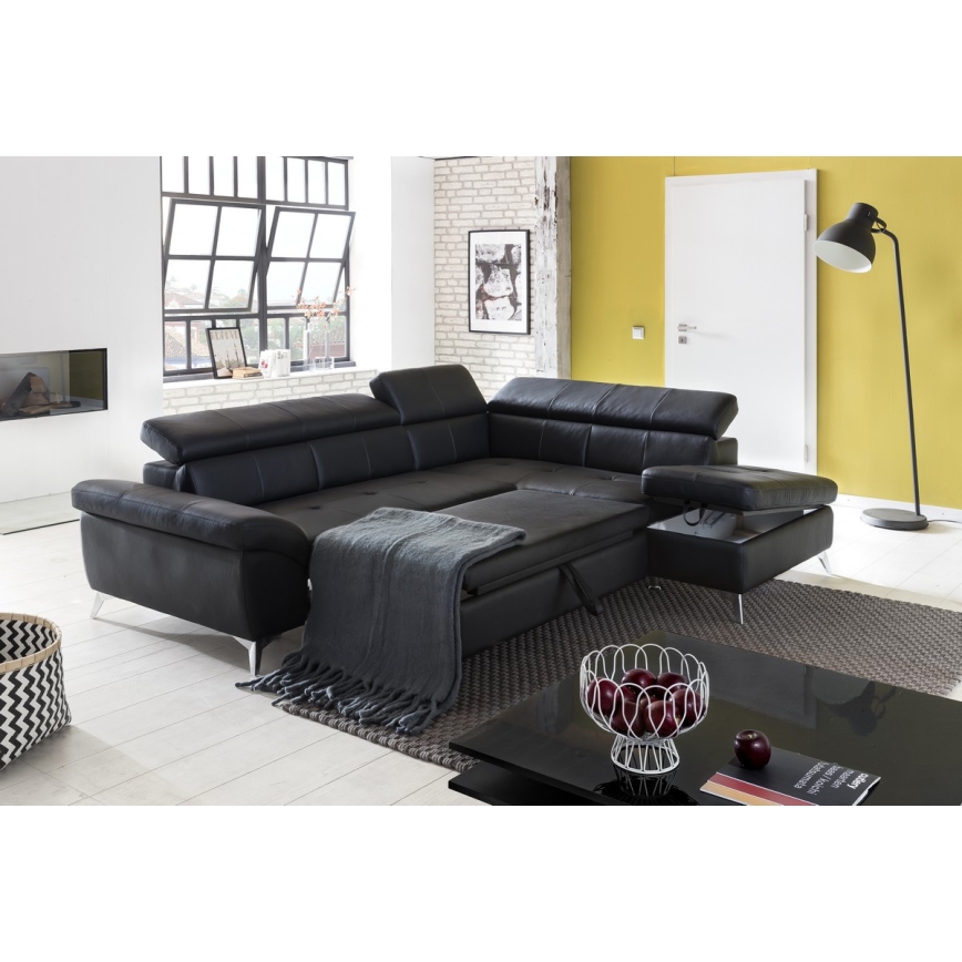 L-shaped folding corner leather lounge suite SALERNO II right black