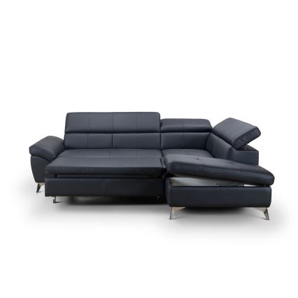 L-shaped folding corner leather lounge suite SALERNO II right black