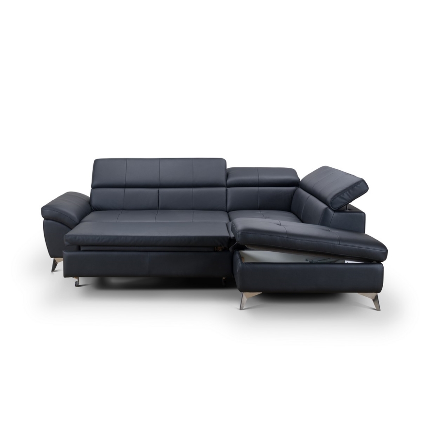 L-shaped folding corner leather lounge suite SALERNO II right black