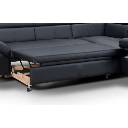 L-shaped folding corner leather lounge suite SALERNO II right black