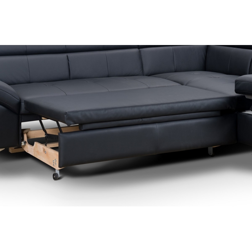 L-shaped folding corner leather lounge suite SALERNO II right black