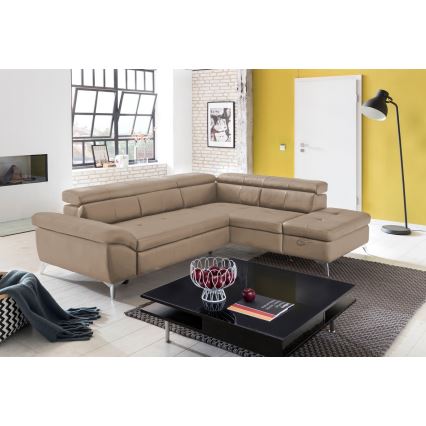 L-shaped folding corner leather lounge suite SALERNO II right brown