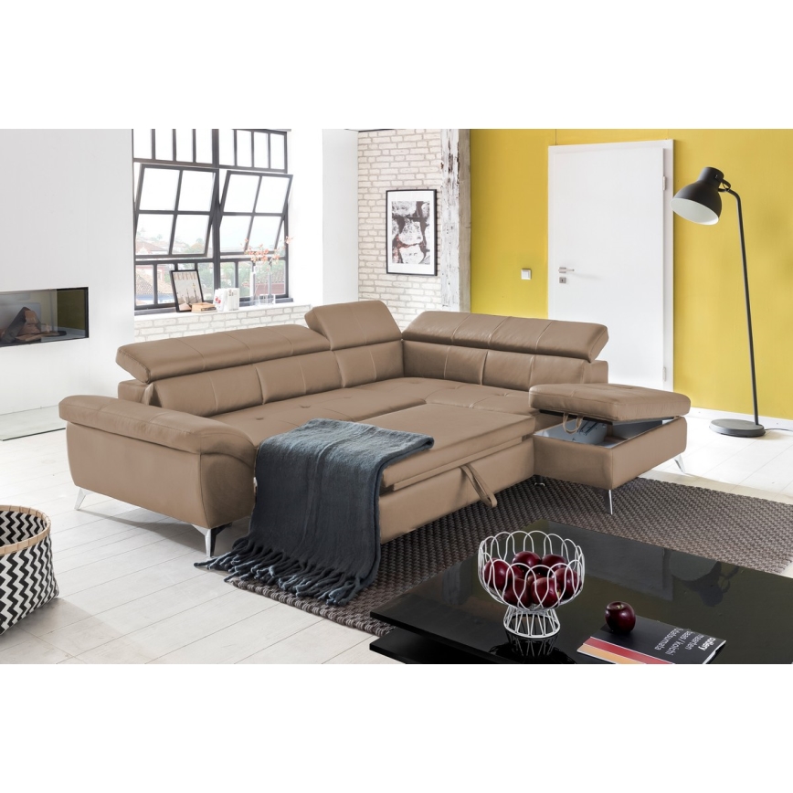 L-shaped folding corner leather lounge suite SALERNO II right brown