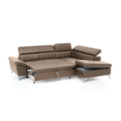 L-shaped folding corner leather lounge suite SALERNO II right brown
