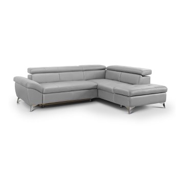 L-shaped folding corner leather lounge suite SALERNO II right grey