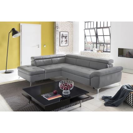 L-shaped folding corner leather lounge suite SALERNO II right grey