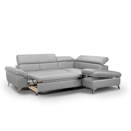 L-shaped folding corner leather lounge suite SALERNO II right grey